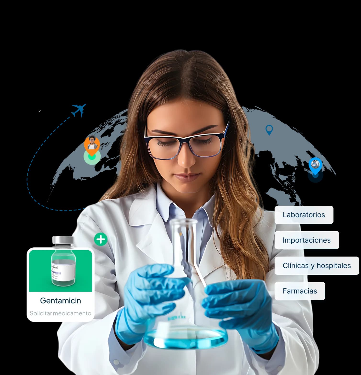 Profesional de salud farmacéutica con globo terráqueo, tarjeta de Gentamicin y categorías: Laboratorios, Importaciones, Clínicas y hospitales, Farmacias